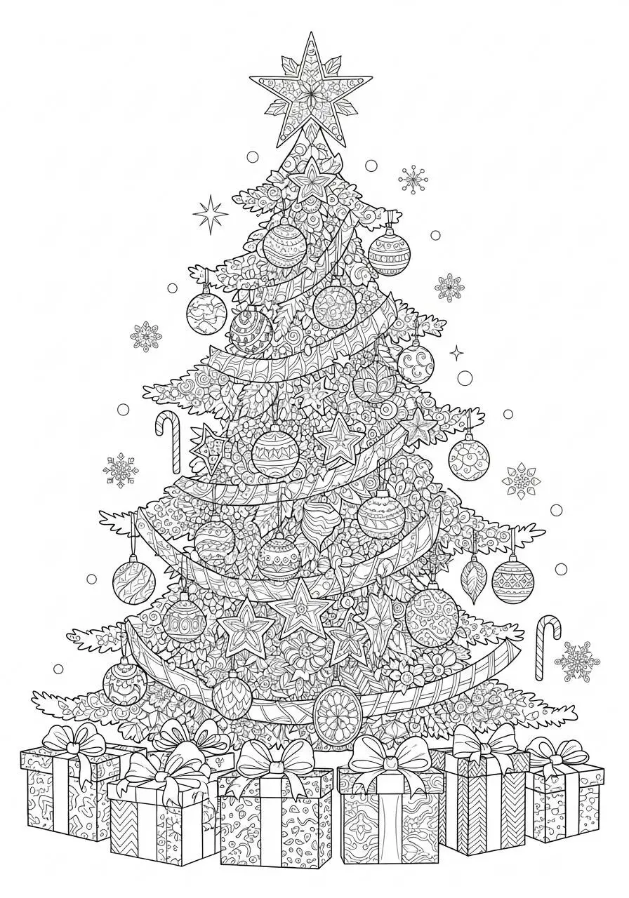 Árbol de Navidad decorado con regalos Dibujo para colorear