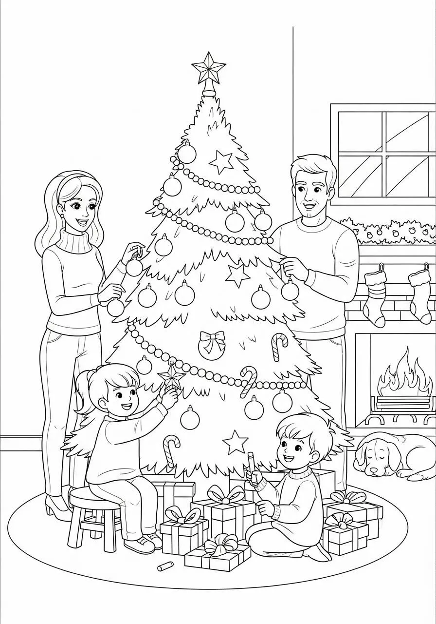 Página para colorear de árbol de Navidad con niños decorando