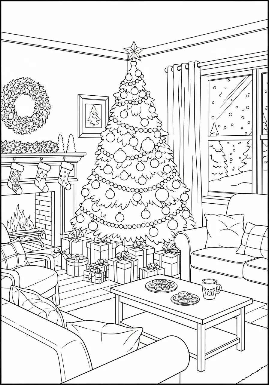 Árbol de Navidad decorado con regalos y chimenea para colorear