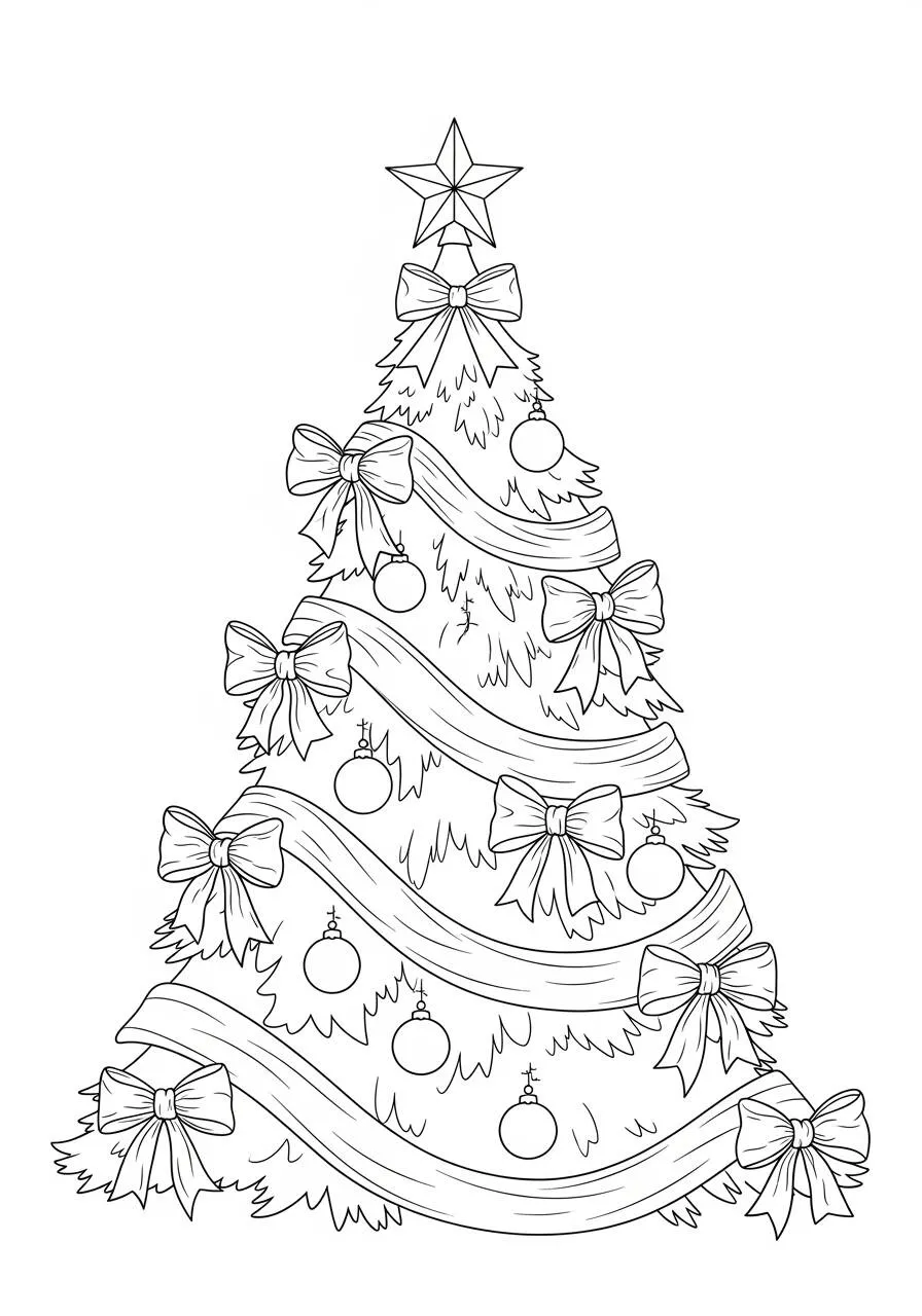 Dibujo de árbol de Navidad decorado con cintas para colorear.