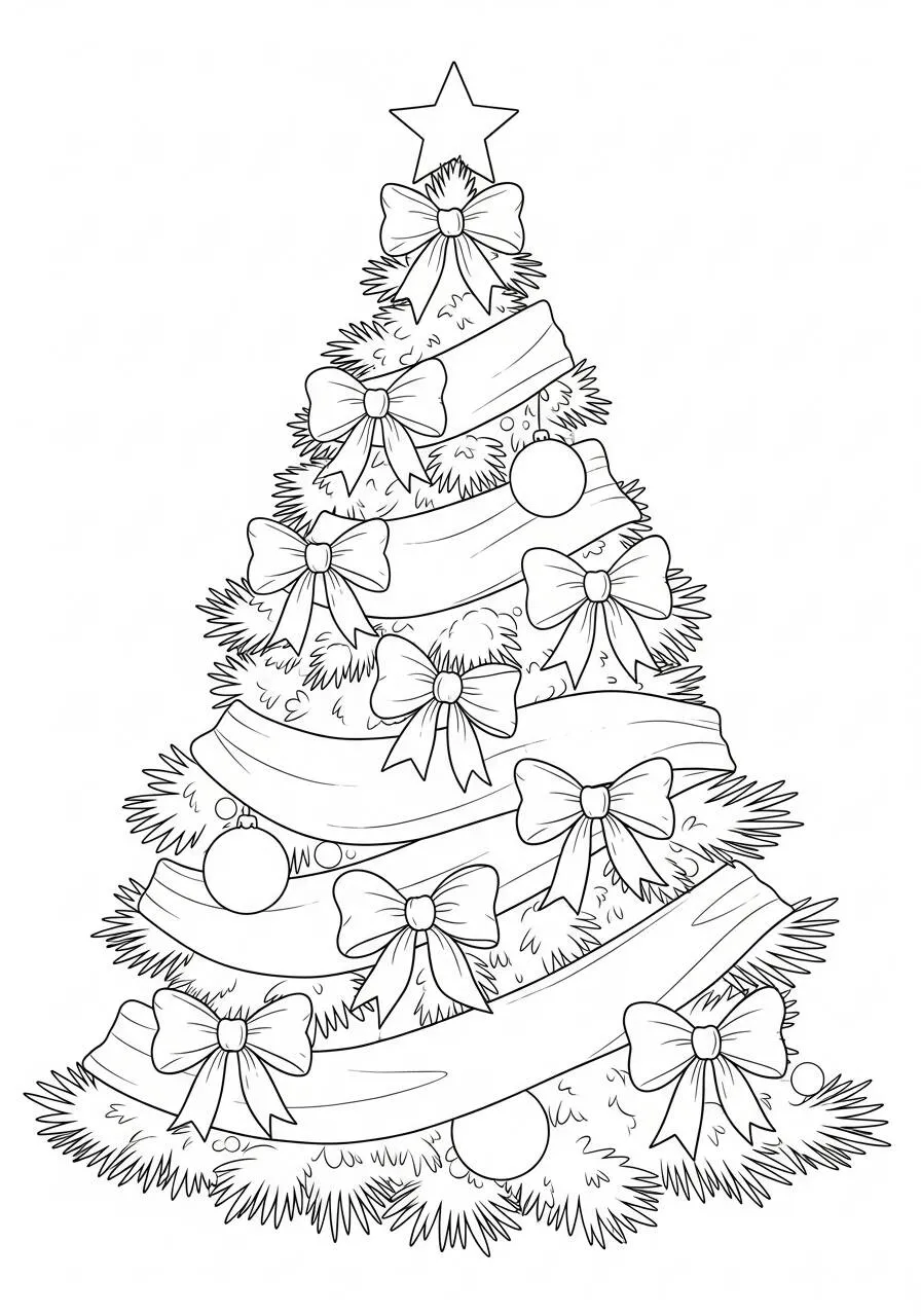 Dibujo de Árbol de Navidad decorado con lazos para colorear