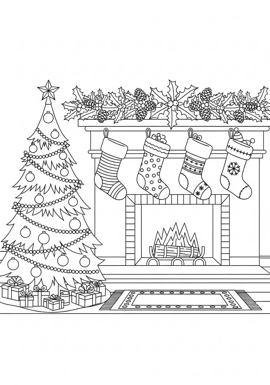 Dibujo para colorear Árbol de Navidad con medias en la chimenea