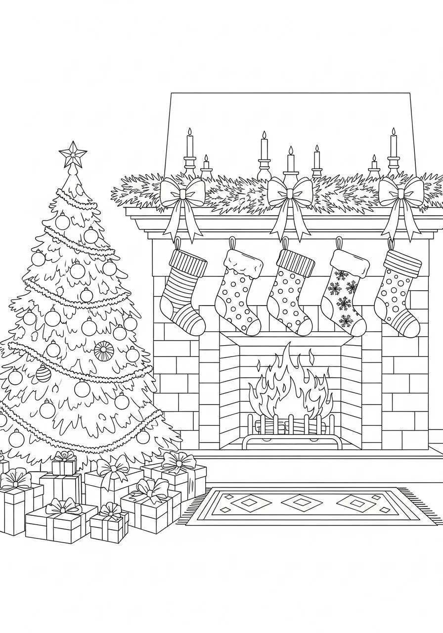 Página para colorear de árbol de Navidad con chimenea y calcetines