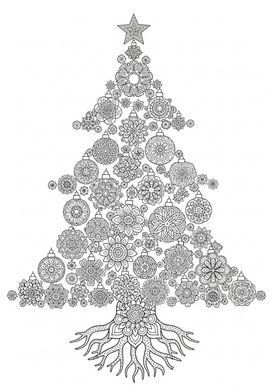 Dibujo de Árbol de Navidad decorado con flores para colorear