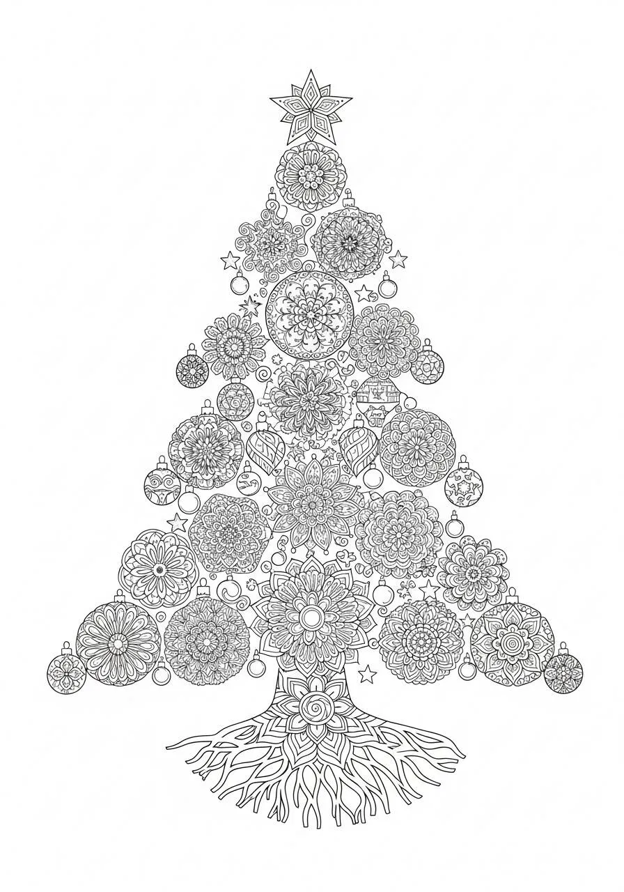 Árbol de Navidad decorado con estampados para colorear
