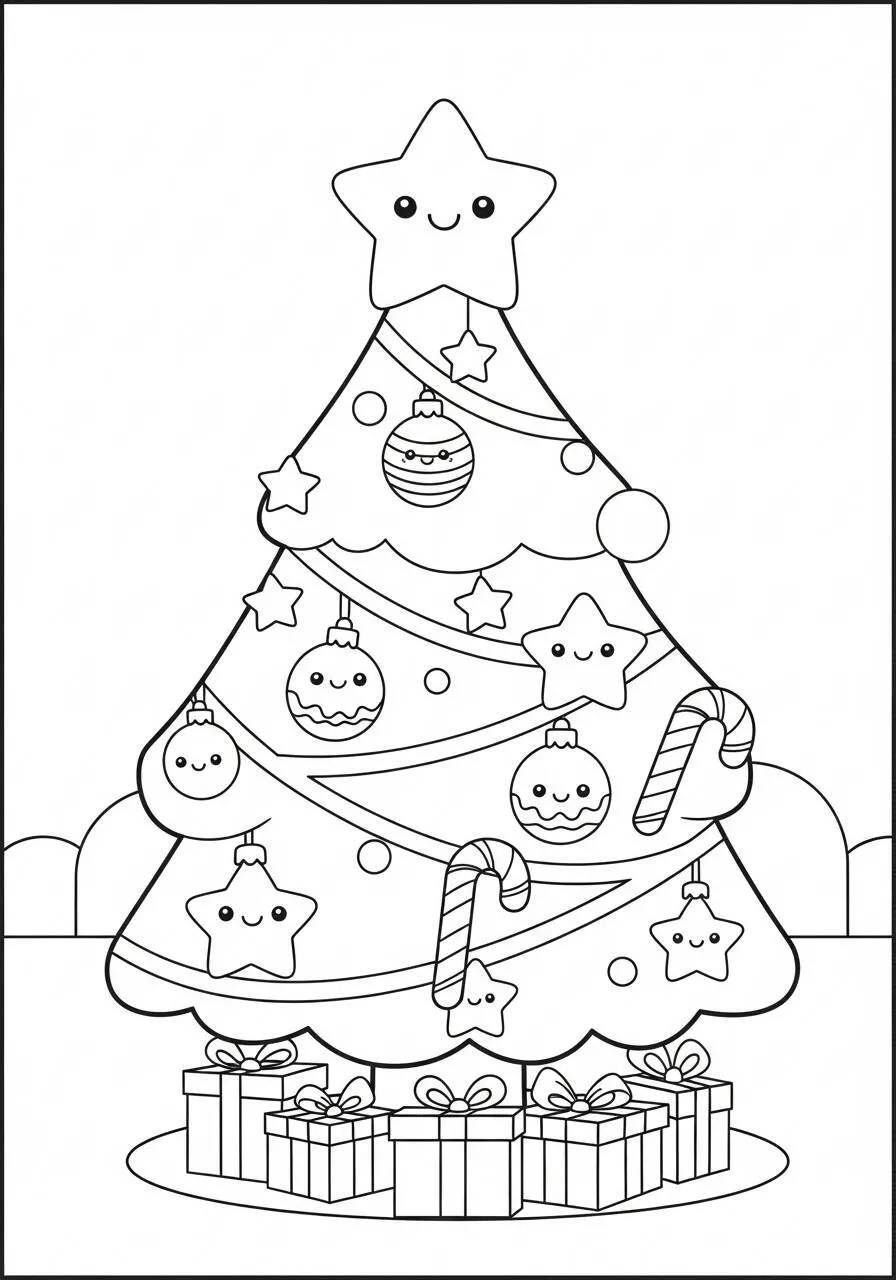 Página para colorear de árbol de Navidad con estrella y regalos