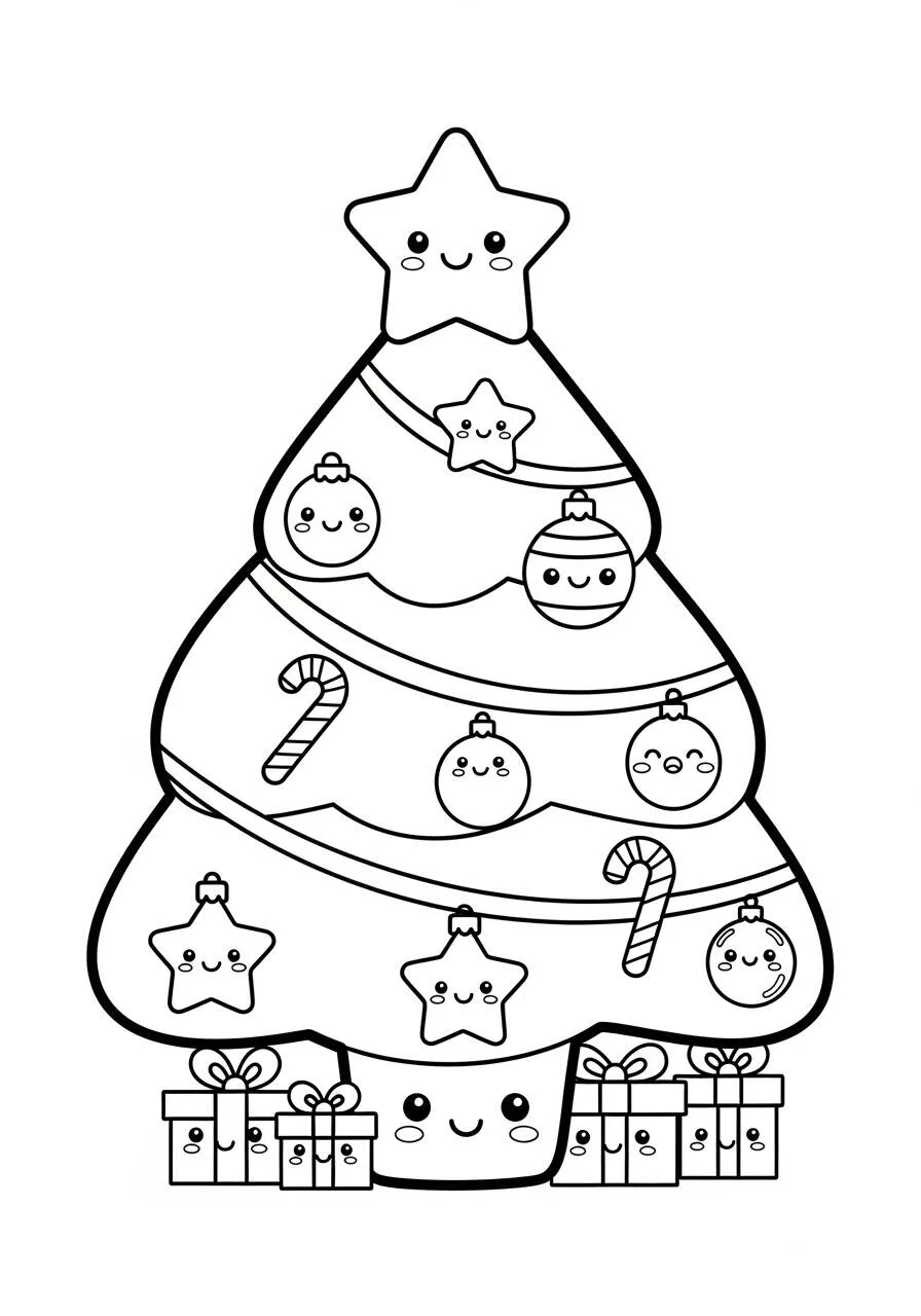 Página Para Colorear Del Árbol De Navidad Kawaii