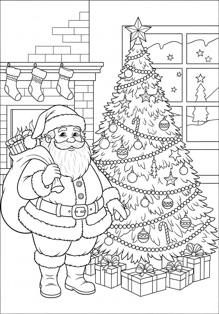 Dibujo de Árbol de Navidad con Papá Noel y regalos para colorear