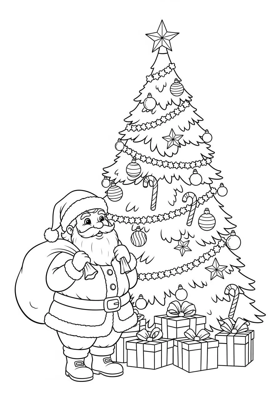 Dibujo de Árbol de Navidad con Papá Noel y regalos para colorear