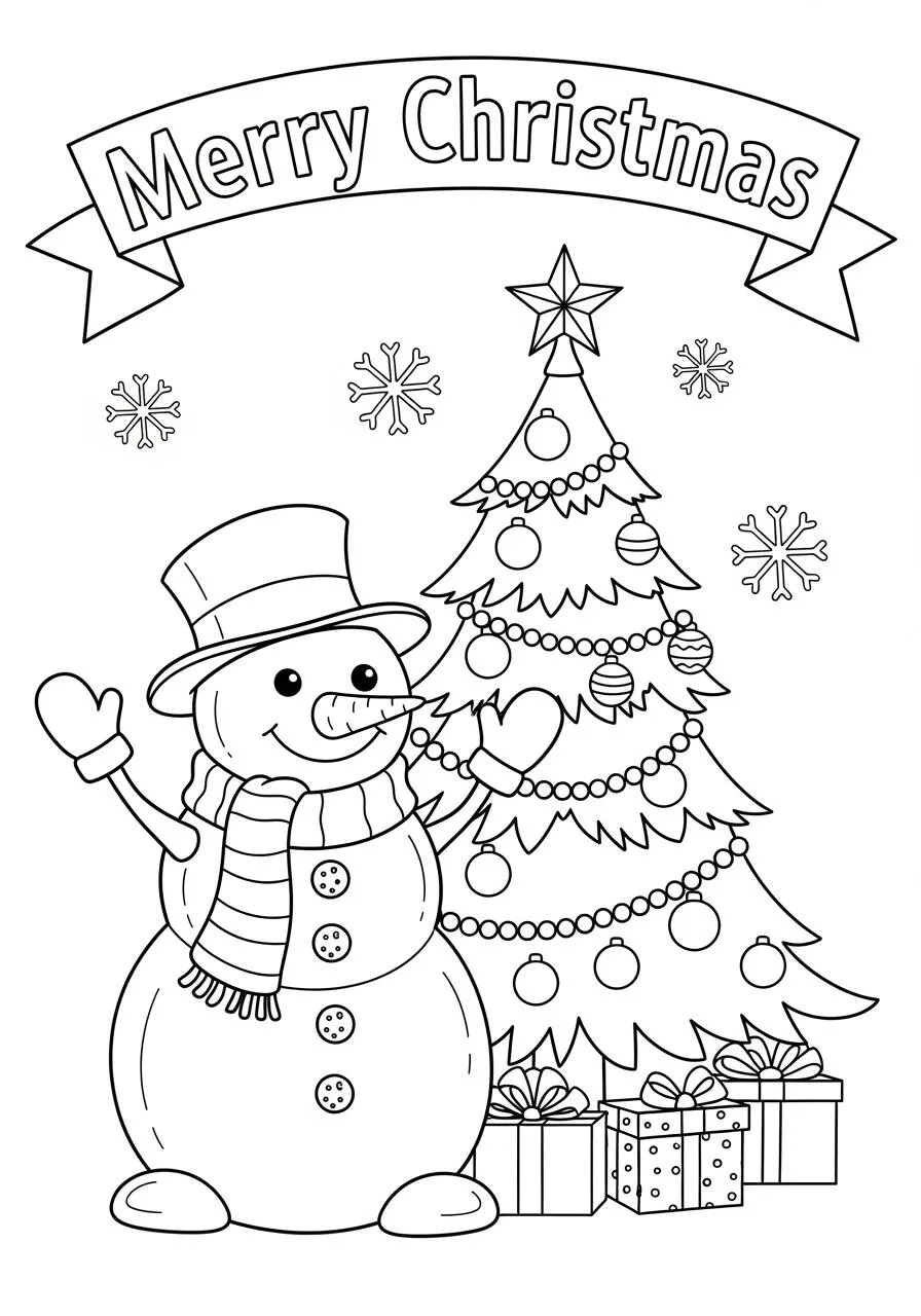 Página para colorear de árbol de Navidad con muñeco de nieve