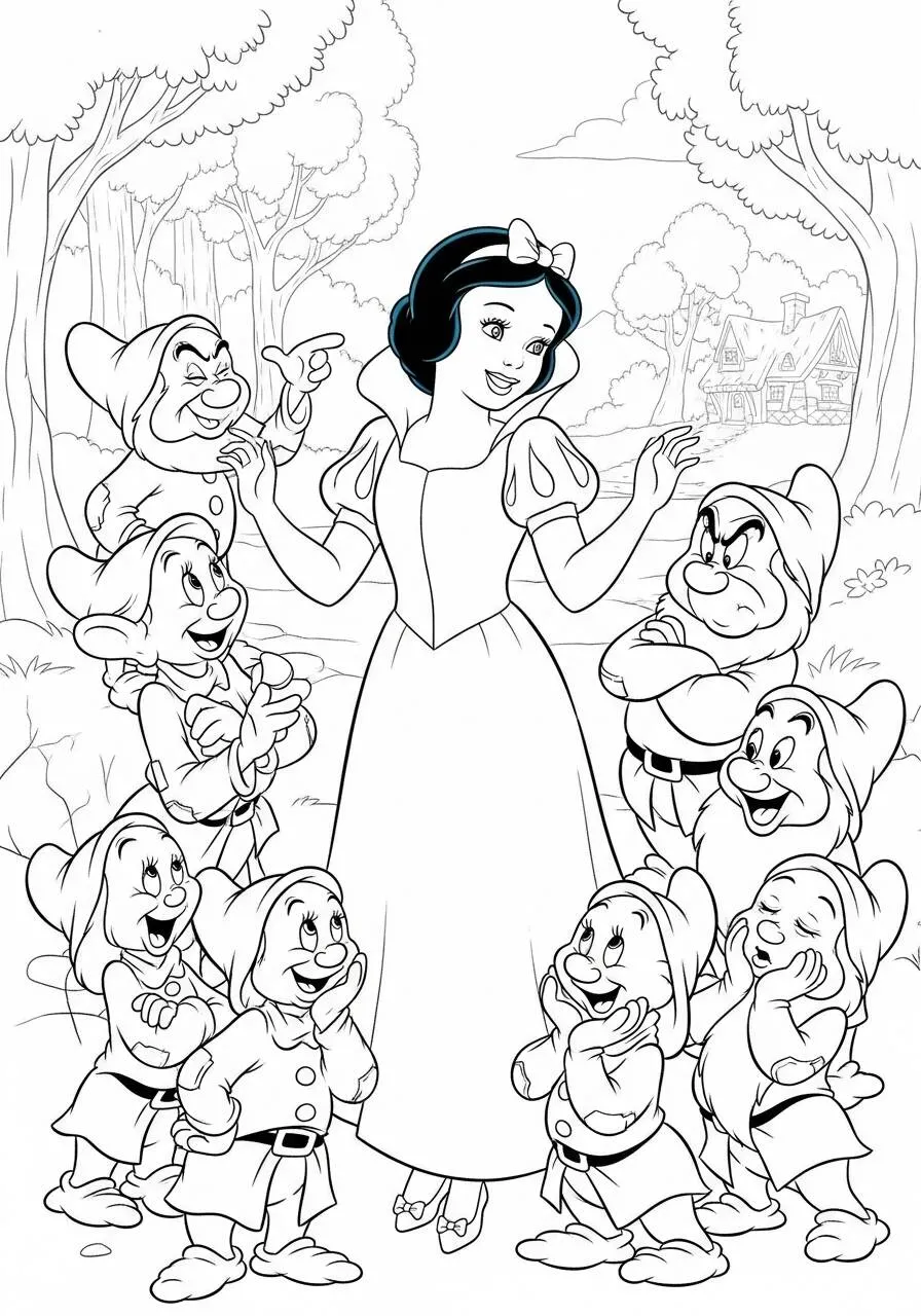 Dibujo para colorear de Blancanieves y los siete enanitos de disney