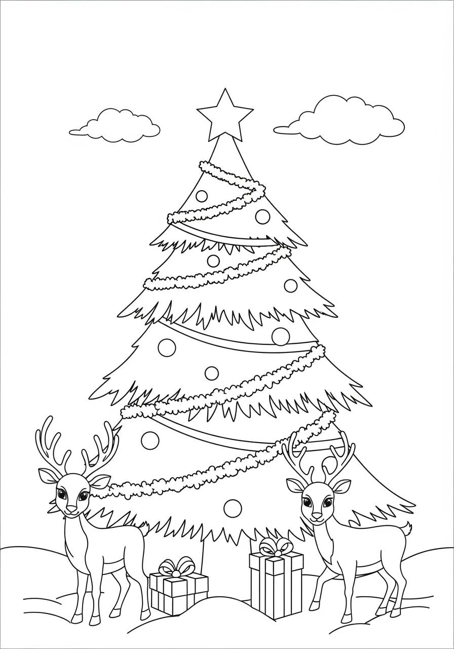 Dibujo de Árbol de Navidad con renos y regalos para colorear