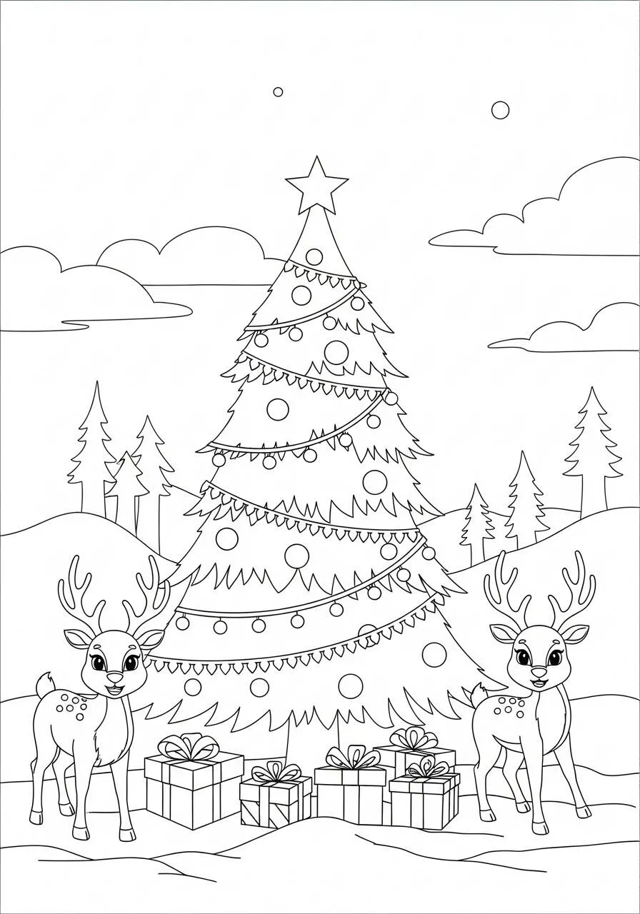 Dibujo de Árbol de Navidad con renos y regalos para colorear