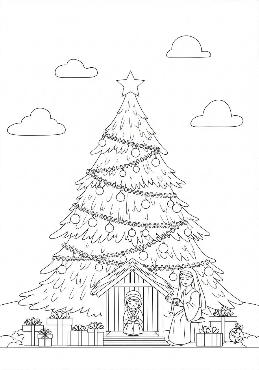 Página para colorear de árbol de Navidad con belén