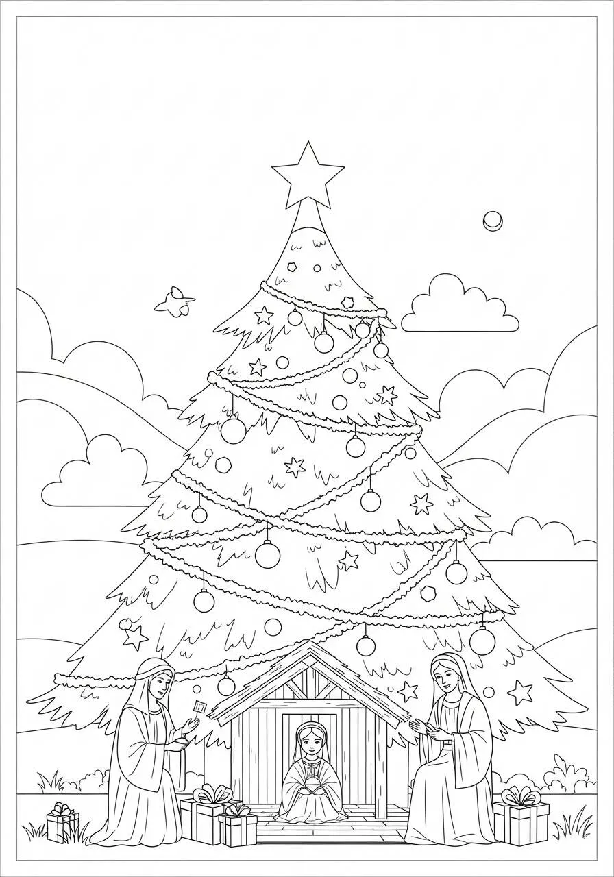 Página para colorear de árbol de Navidad con belén