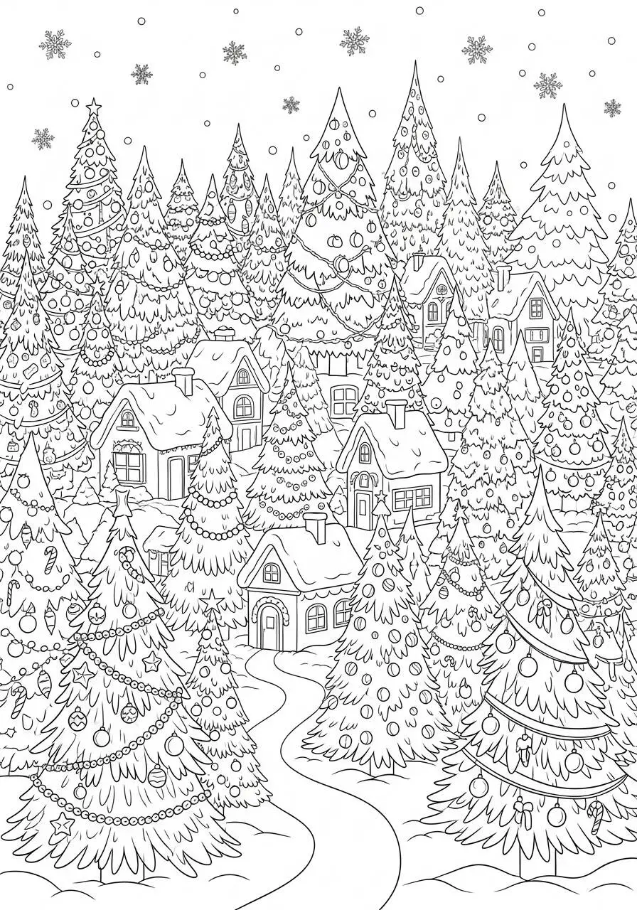 Página para colorear de bosque navideño con casas y árboles decorados