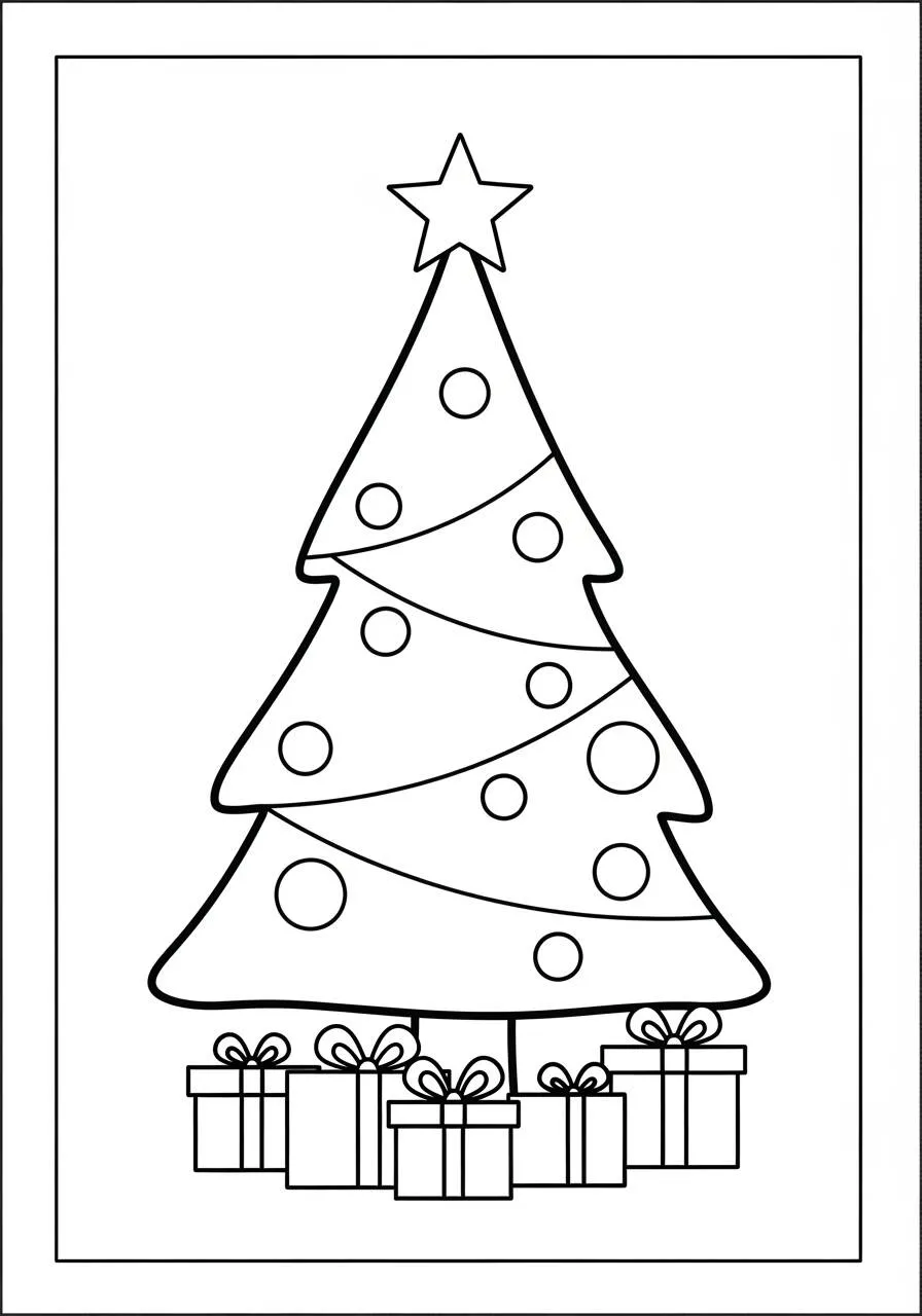 Árbol de Navidad con regalos y estrella para colorear