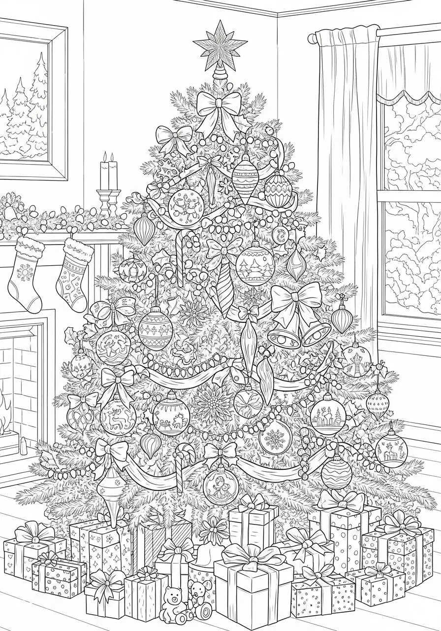 Árbol de Navidad decorado con regalos Página para colorear