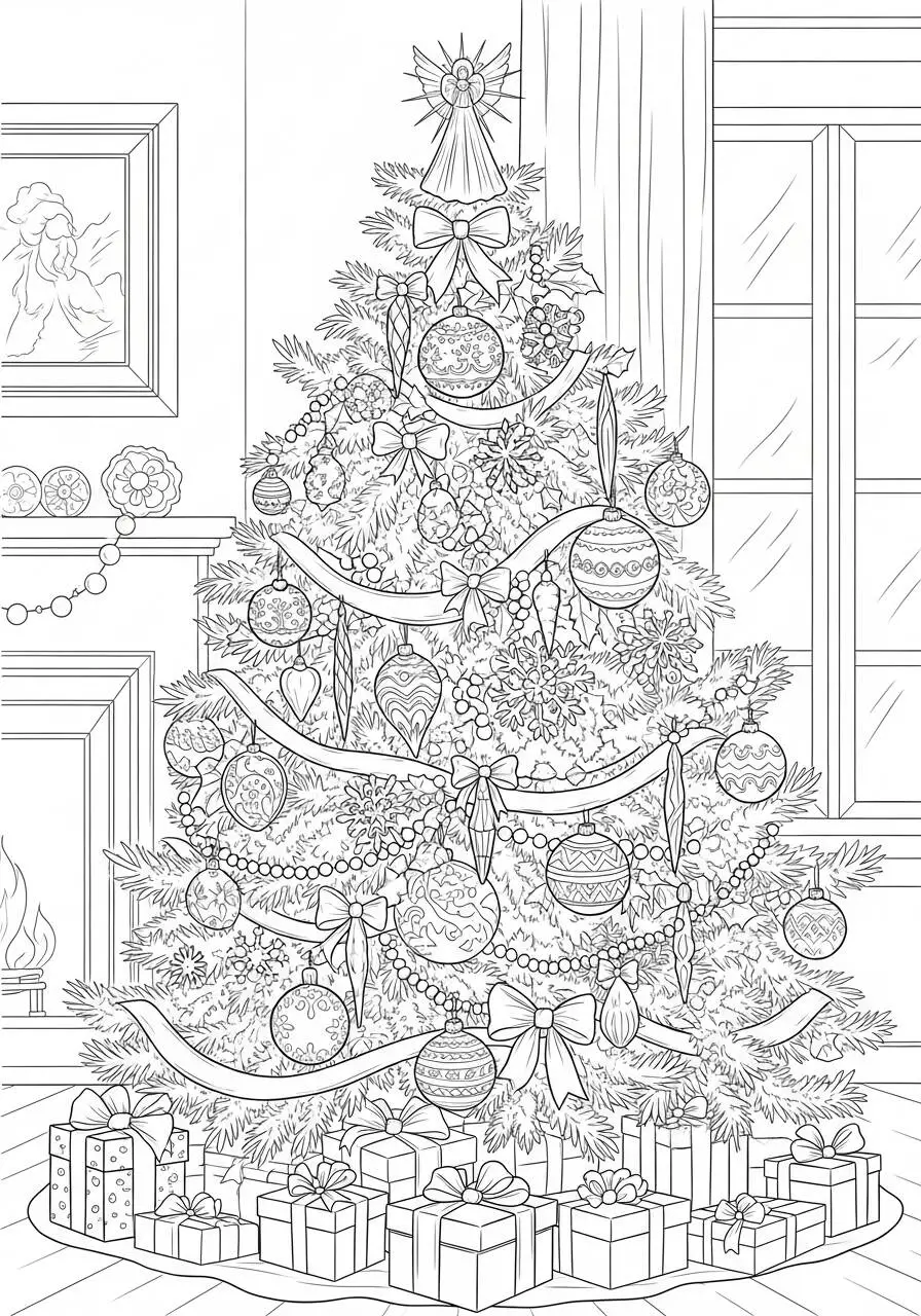 Árbol de Navidad decorado con regalos y adornos para colorear