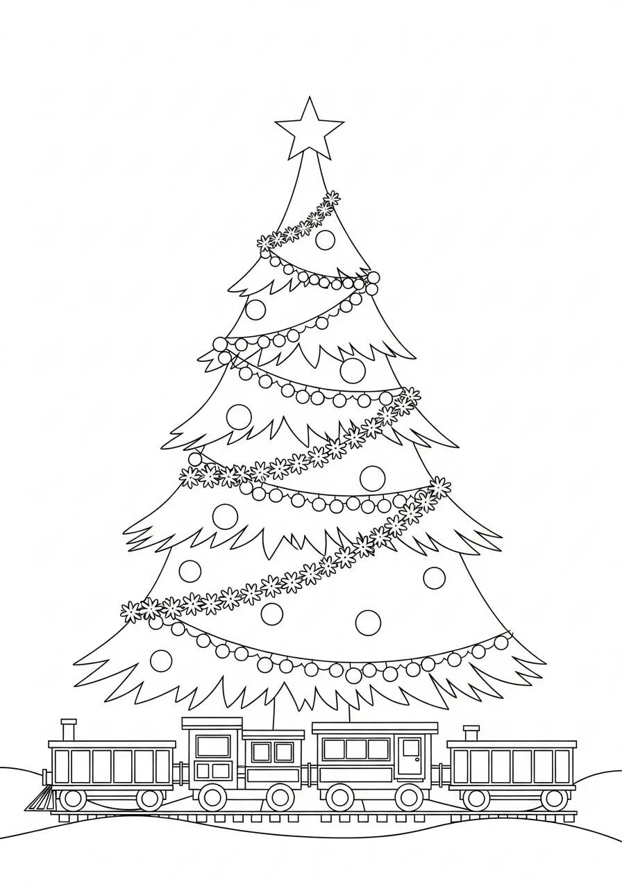 Página para colorear de árbol de Navidad con tren debajo