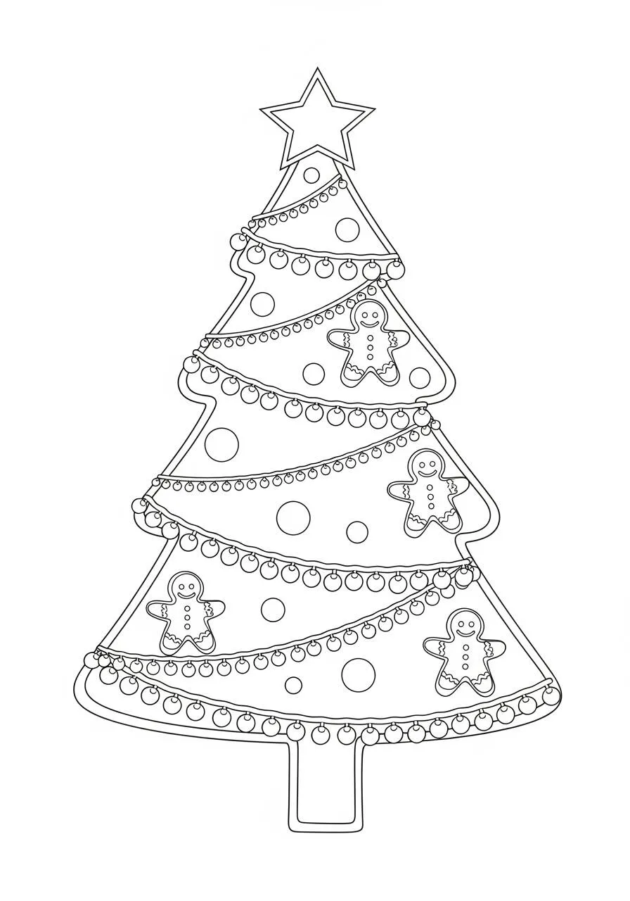 Página para colorear de árbol de Navidad con galletas de jengibre