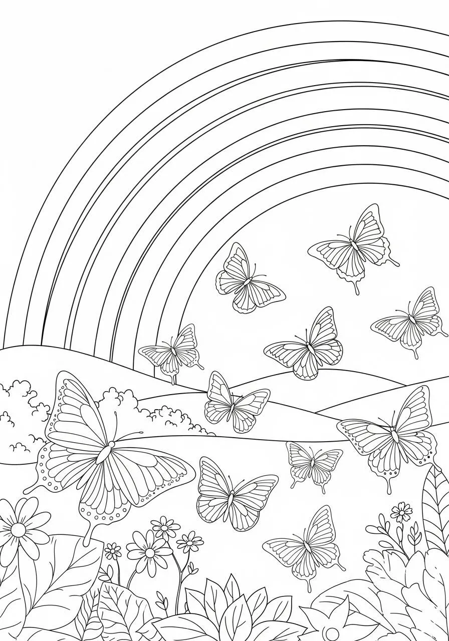Desenho de Arco Íris com Borboletas e Flores para Colorir