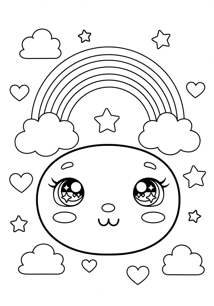 Desenho de Arco Íris com Nuvens, Estrelas e Corações para Colorir
