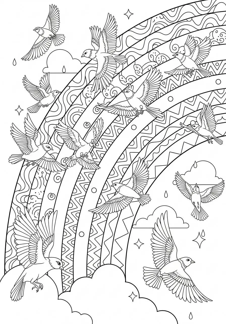 Desenho de Arco Íris com Pássaros a Voar e Nuvens para Colorir