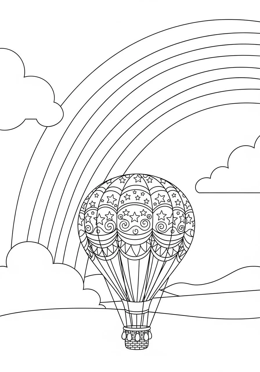 Malvorlage Regenbogen mit Heißluftballon