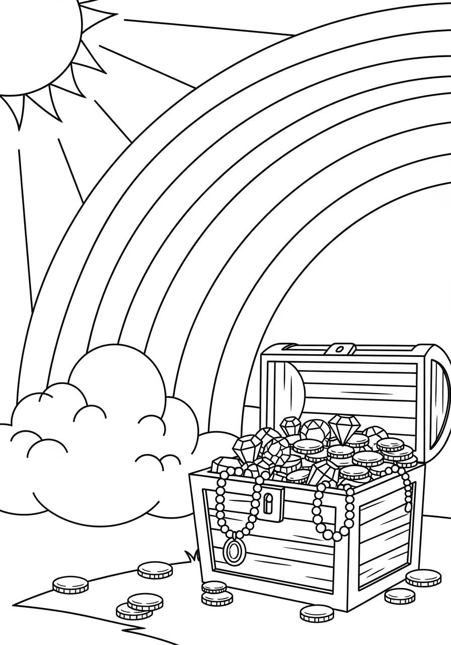 Desenho de Arco Íris com Baú de Tesouro para Colorir