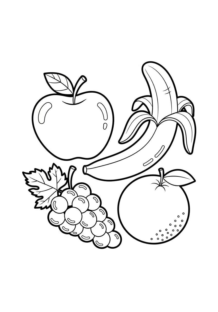 Dibujo para colorear de varias frutas: manzana, plátano, uva y naranja