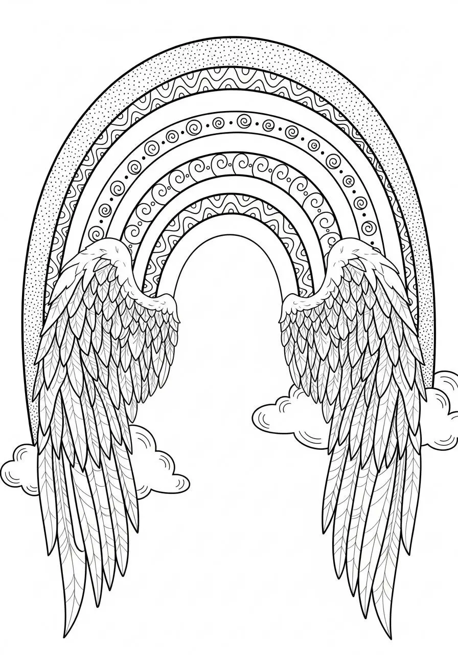 Desenho de Arco Íris com Asas de Anjo para Colorir