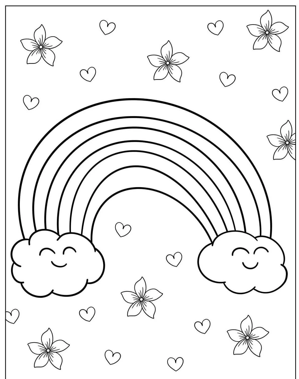 Desenho de Arco Íris com Nuvens Sorridentes e Flores para Colorir
