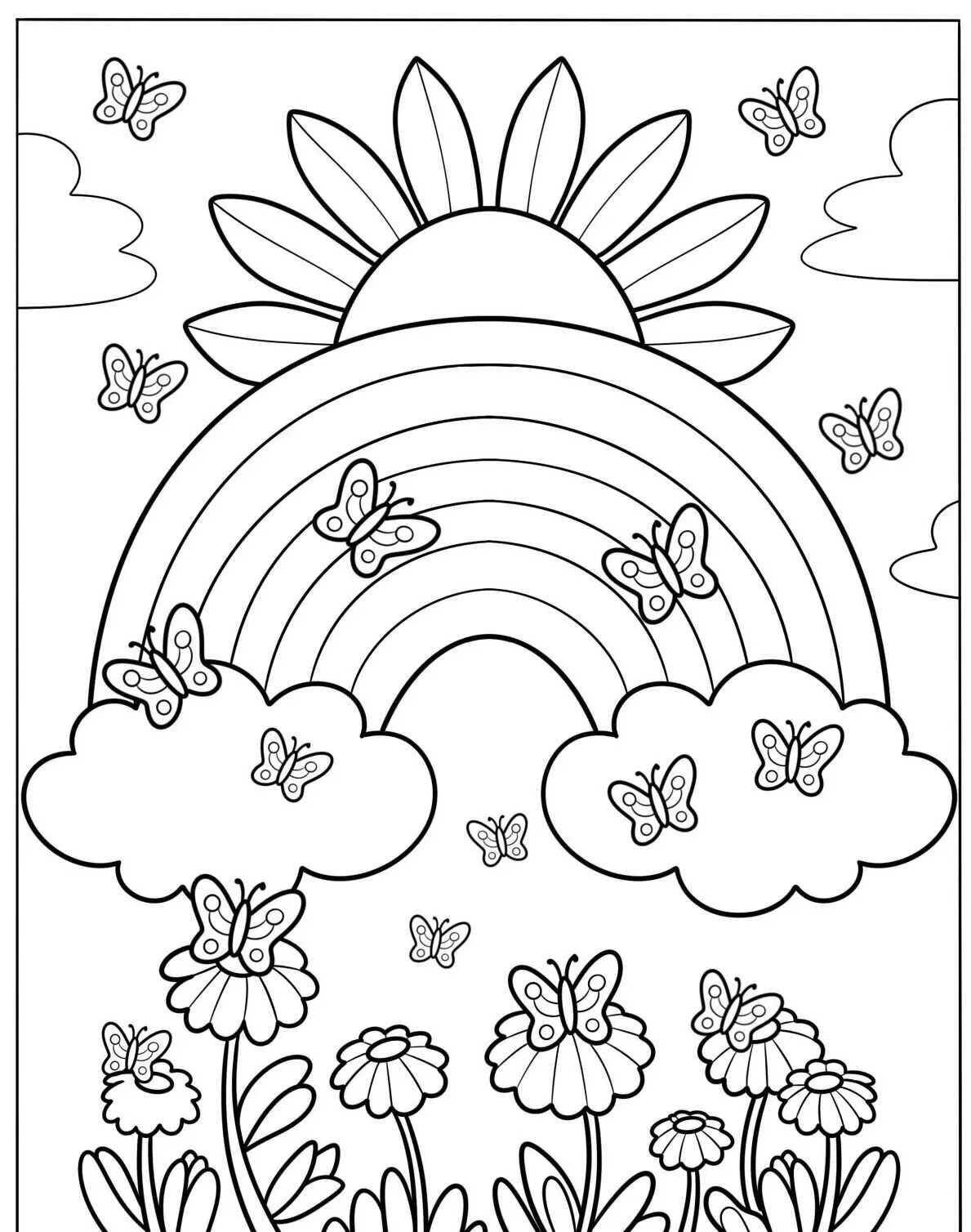 Desenho de Arco Íris com Borboletas e Flores para Colorir