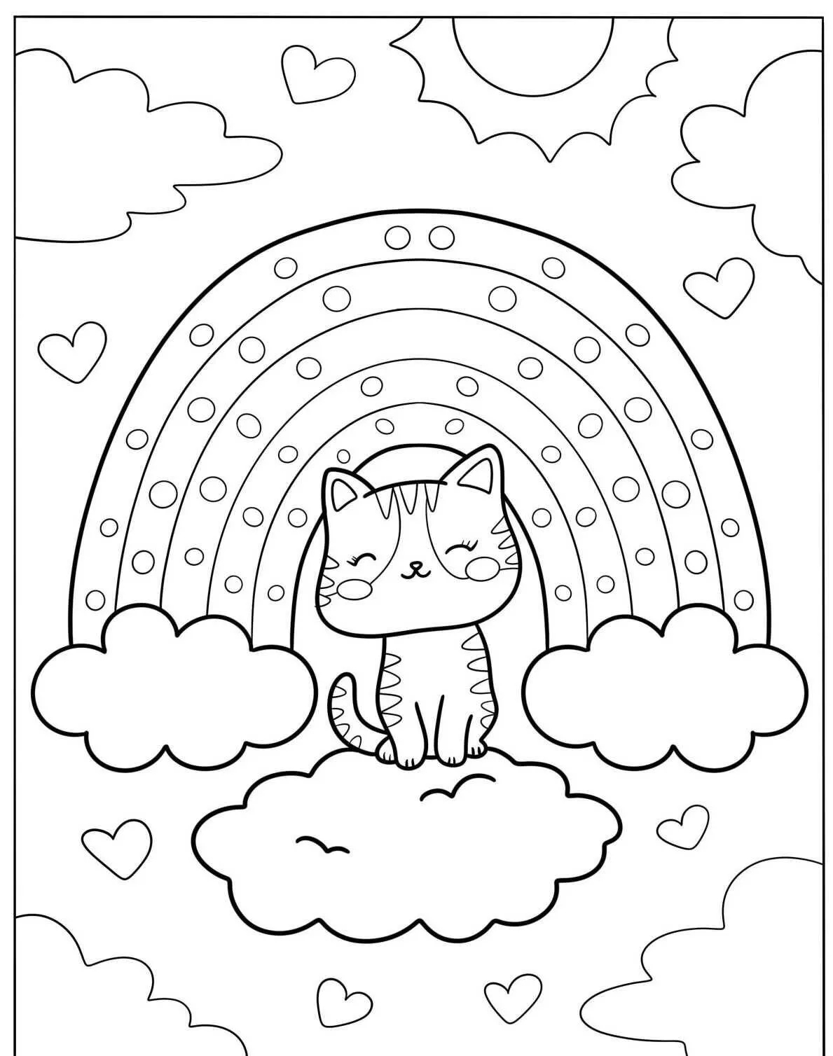 Desenho de Arco Íris com Gato Fofo em Nuvens para Colorir