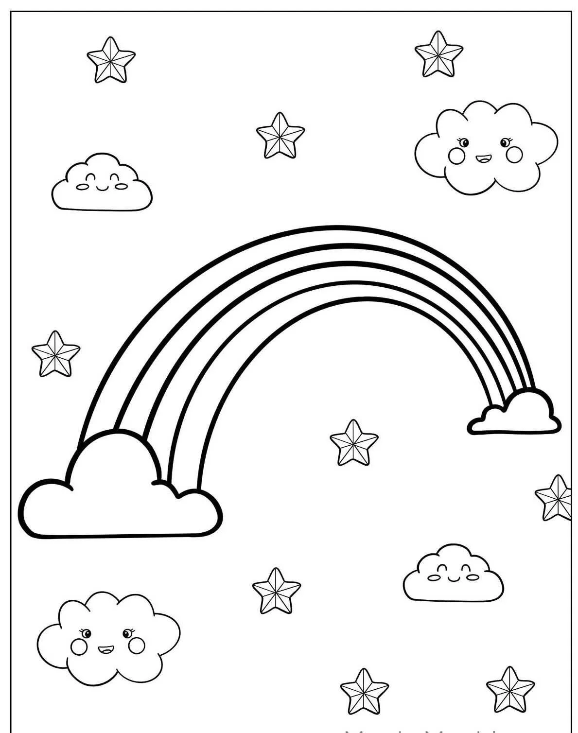 Desenho de Arco Íris com Nuvens Sorridentes e Estrelas para Colorir