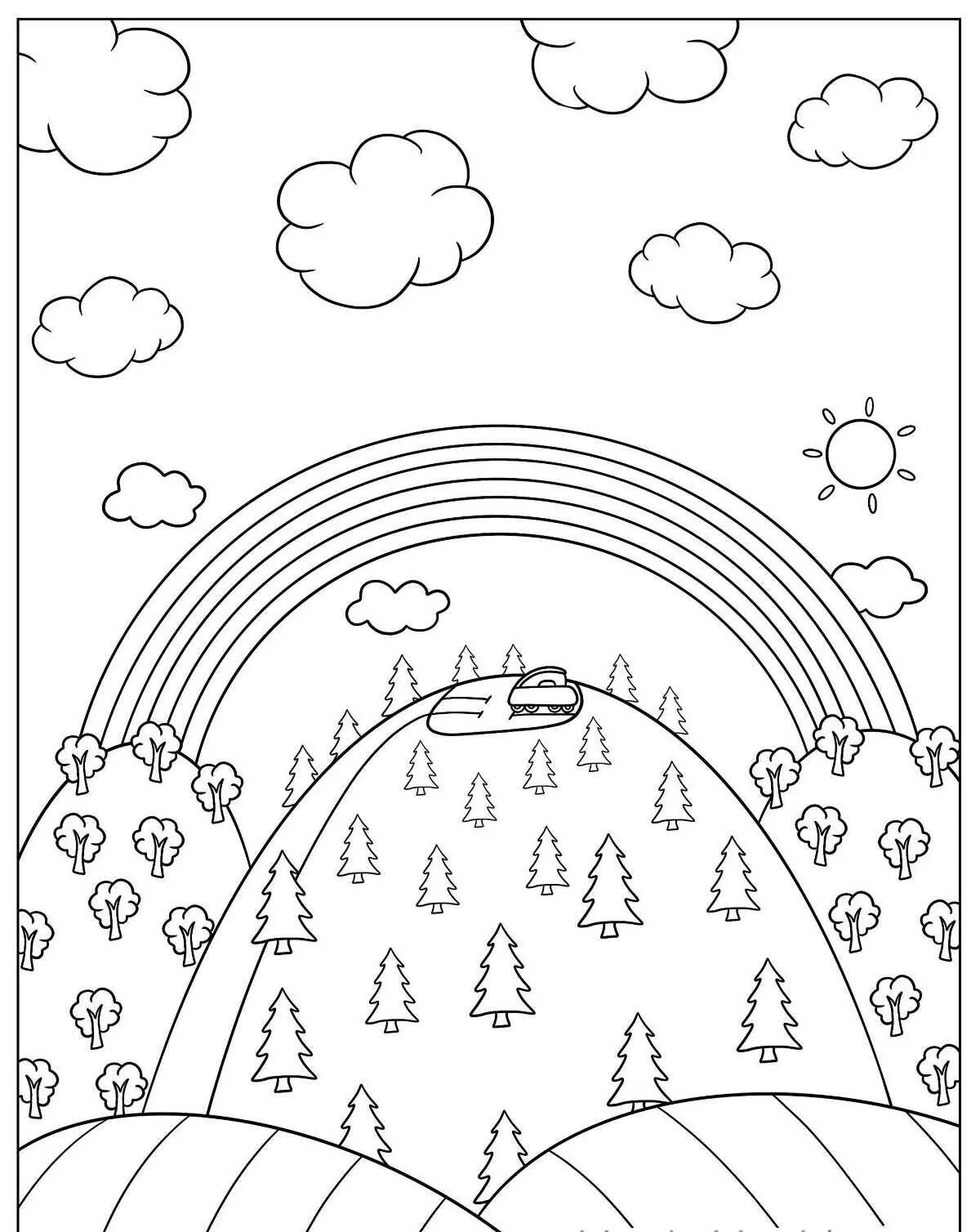Desenho de Arco Íris com Montanhas e Nuvens para Colorir
