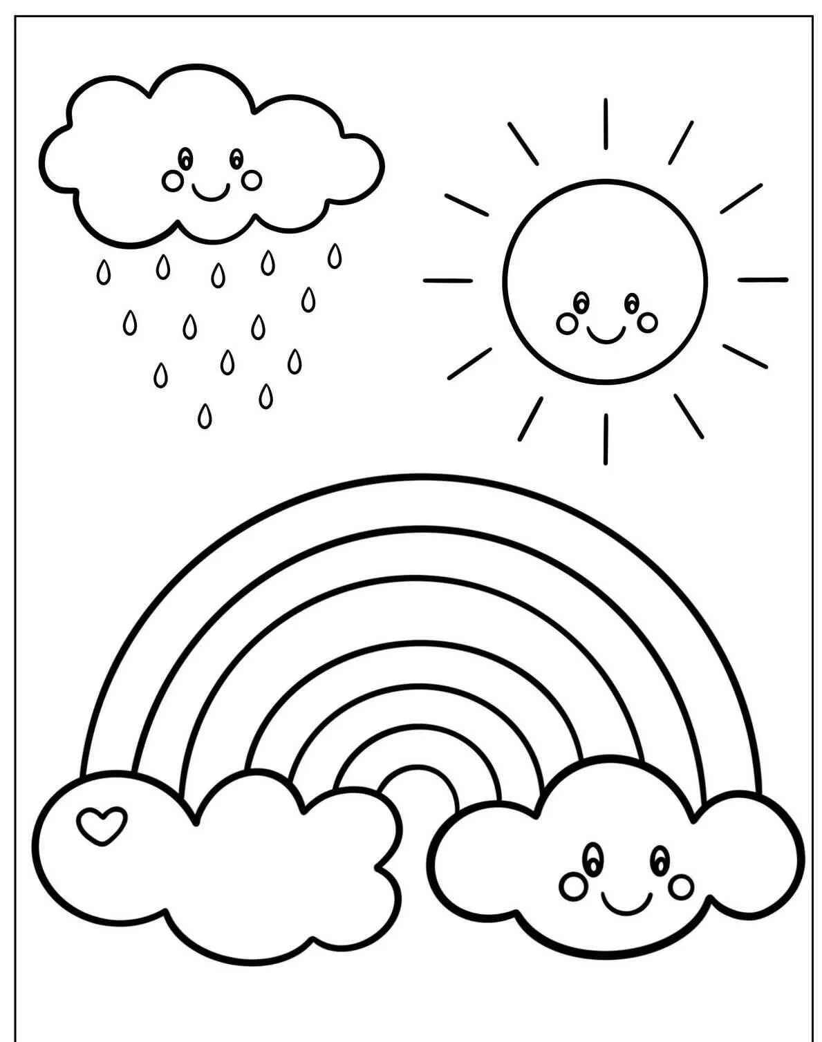 Rainbow Coloring Page with Smiling Clords and Bright Sun
