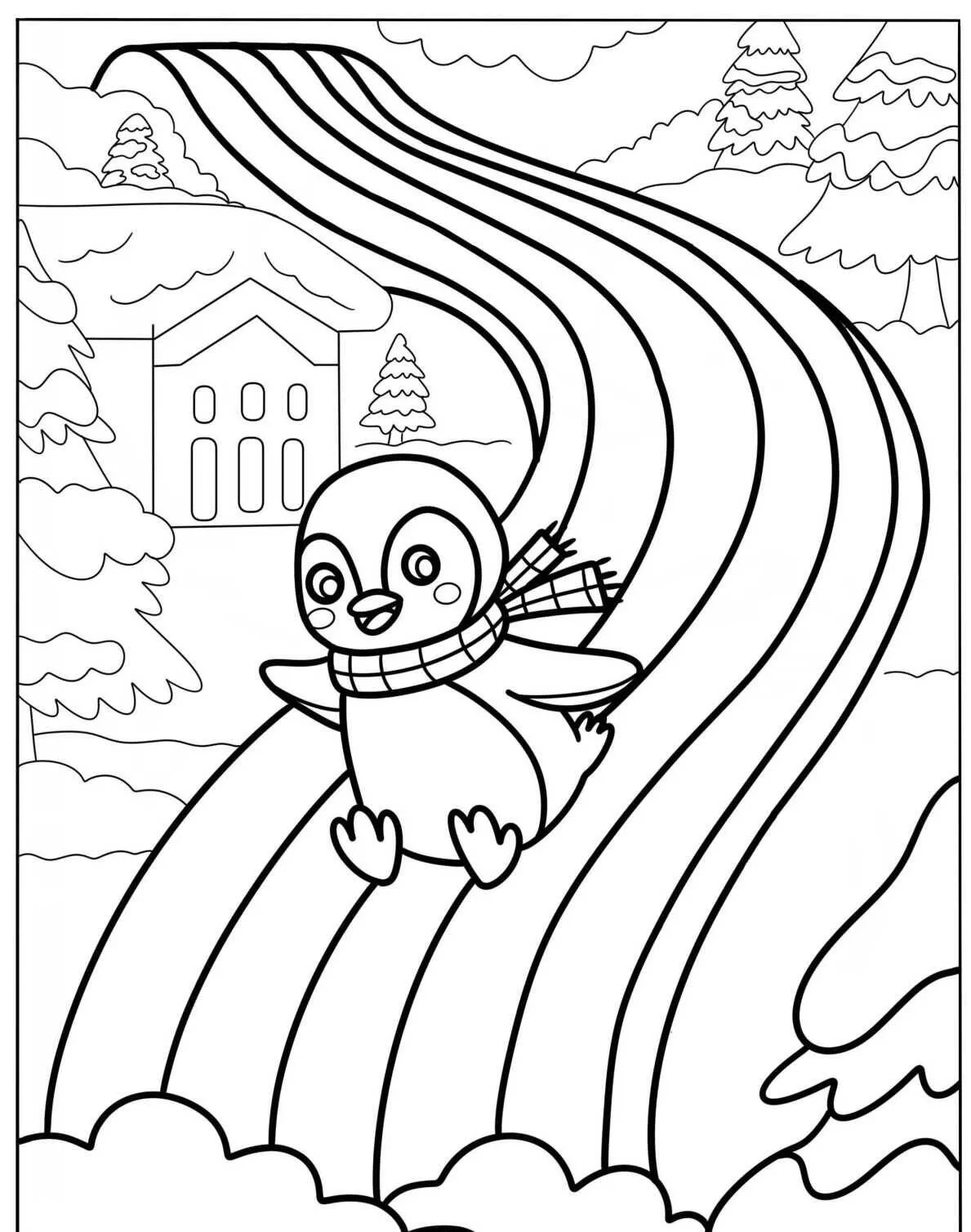Desenho de Arco Íris com Pinguim Deslizando para Colorir