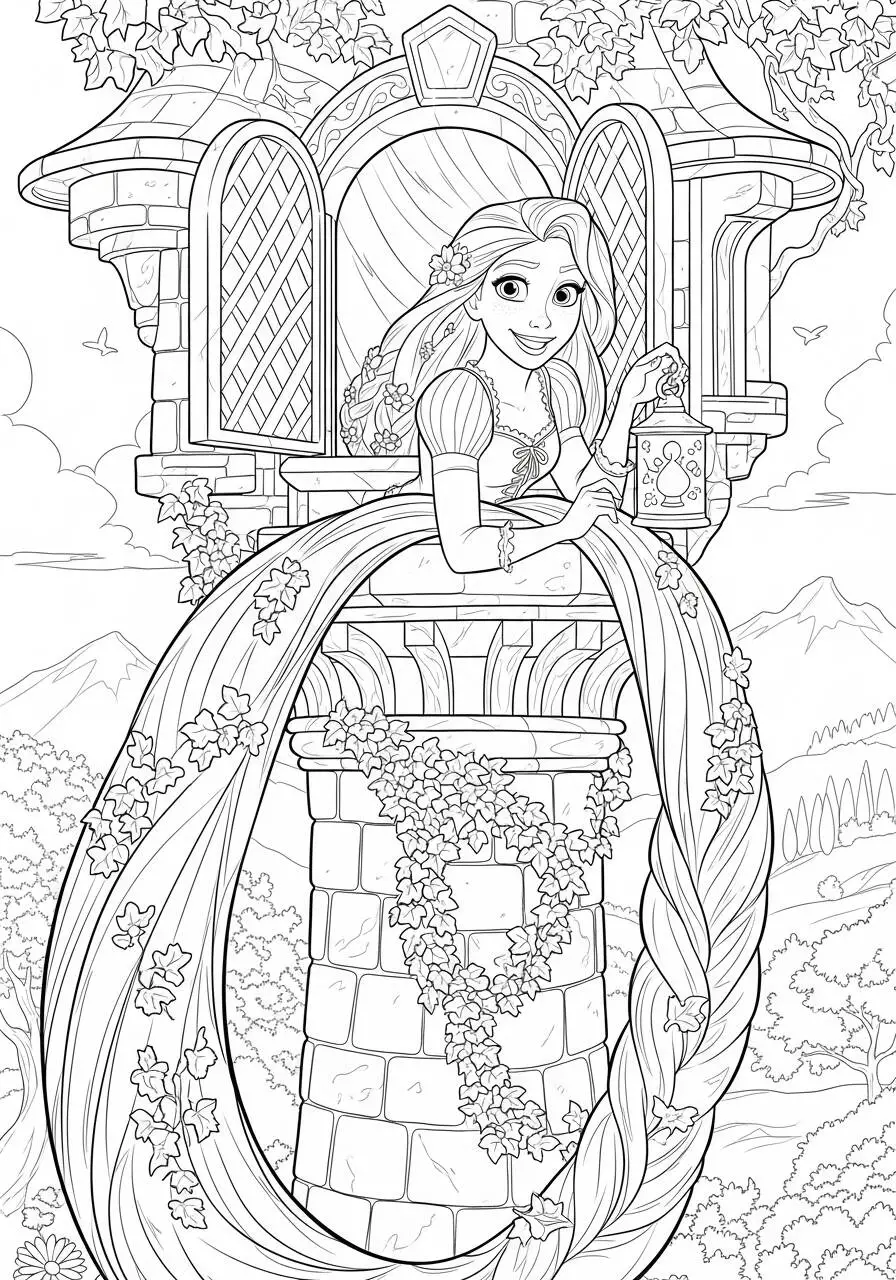 Dibujo para colorear de Rapunzel en la torre de disney