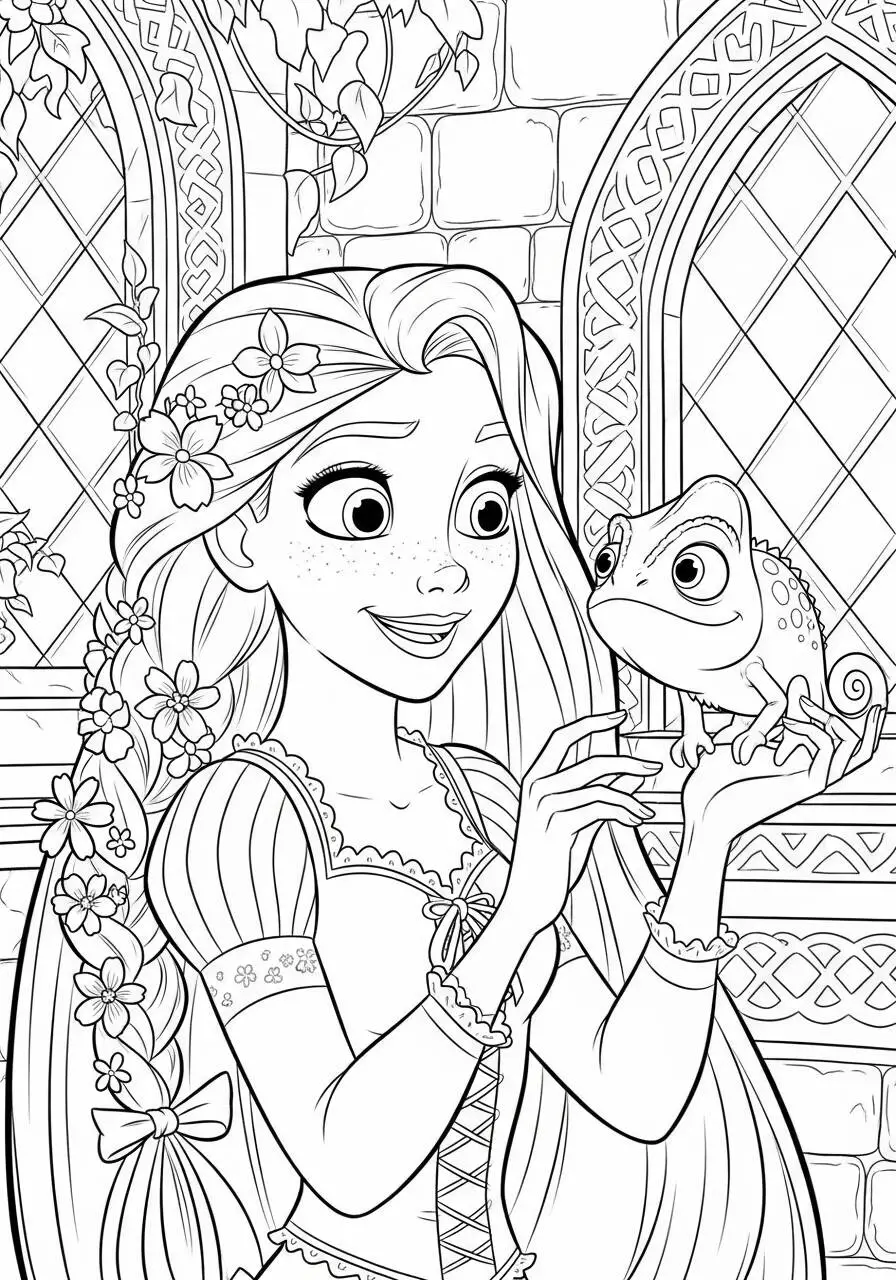 Dibujo de disney Rapunzel y Pascal para colorear