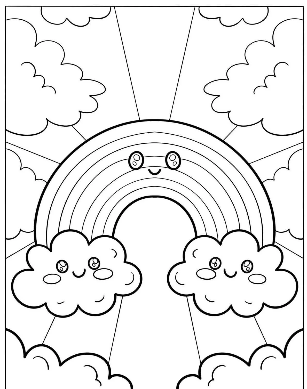 Desenho de Arco Íris com Nuvens Sorridentes para Colorir