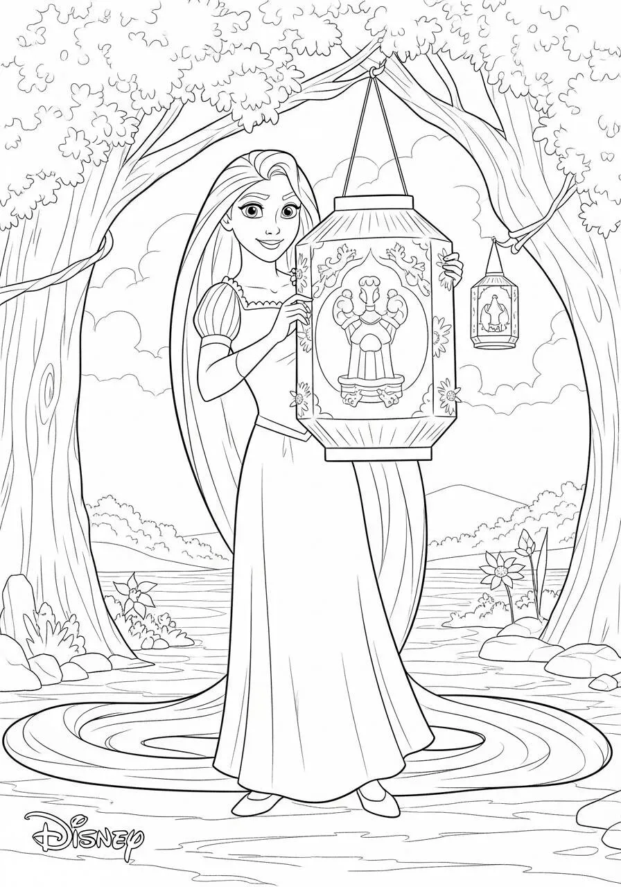 Dibujo para colorear de Rapunzel con linterna de disney