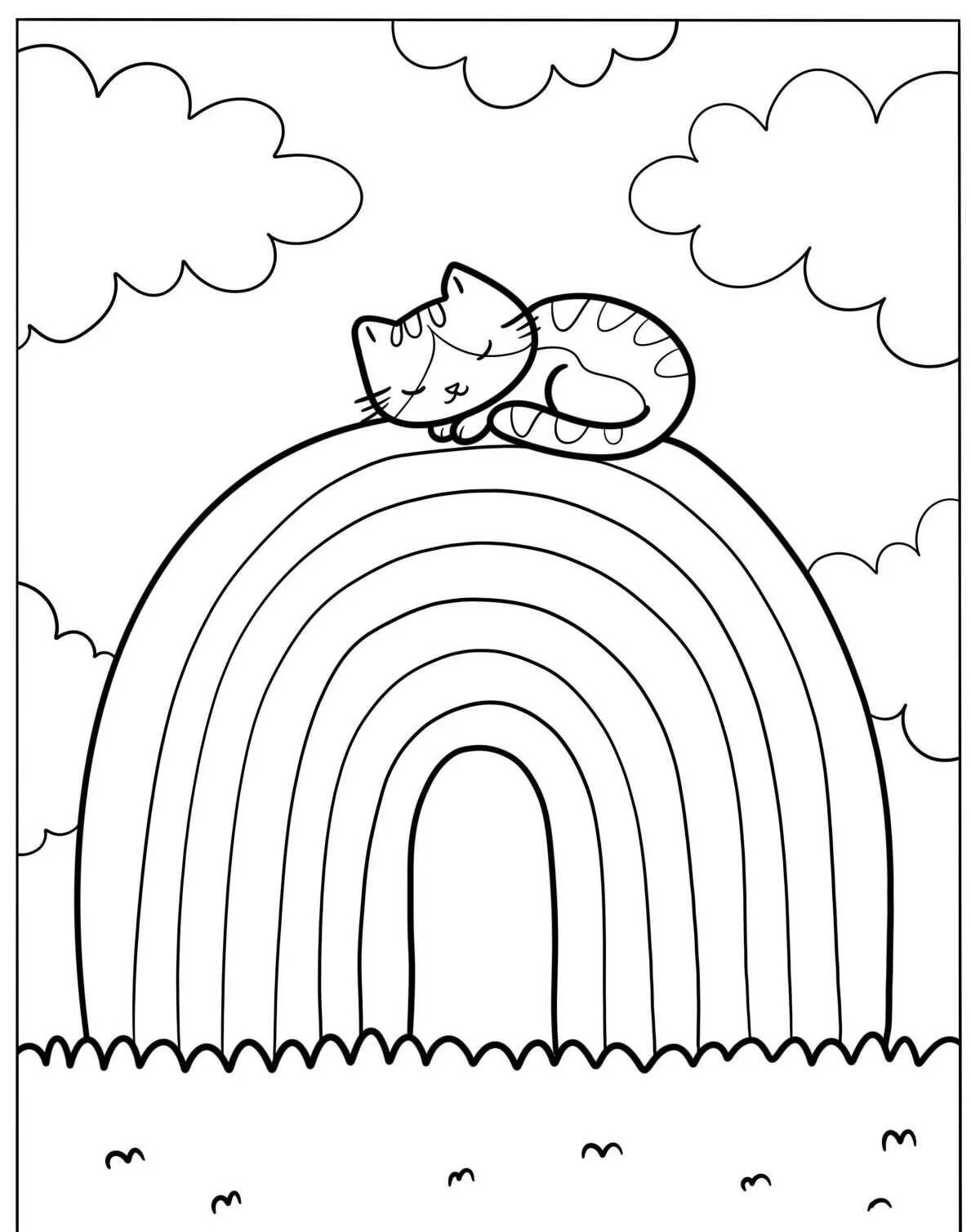 Desenho de Arco Íris com Gato Dormindo para Colorir