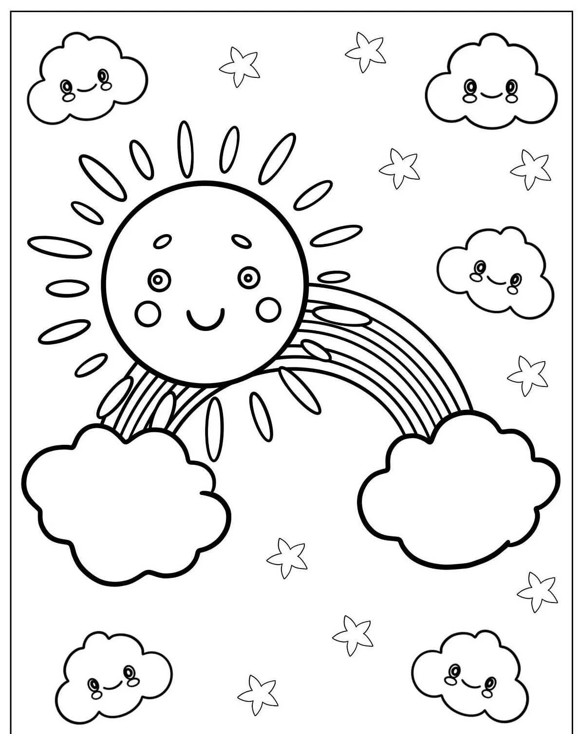 Desenho de Arco Íris com Sol Sorridente e Nuvens Felizes para Colorir