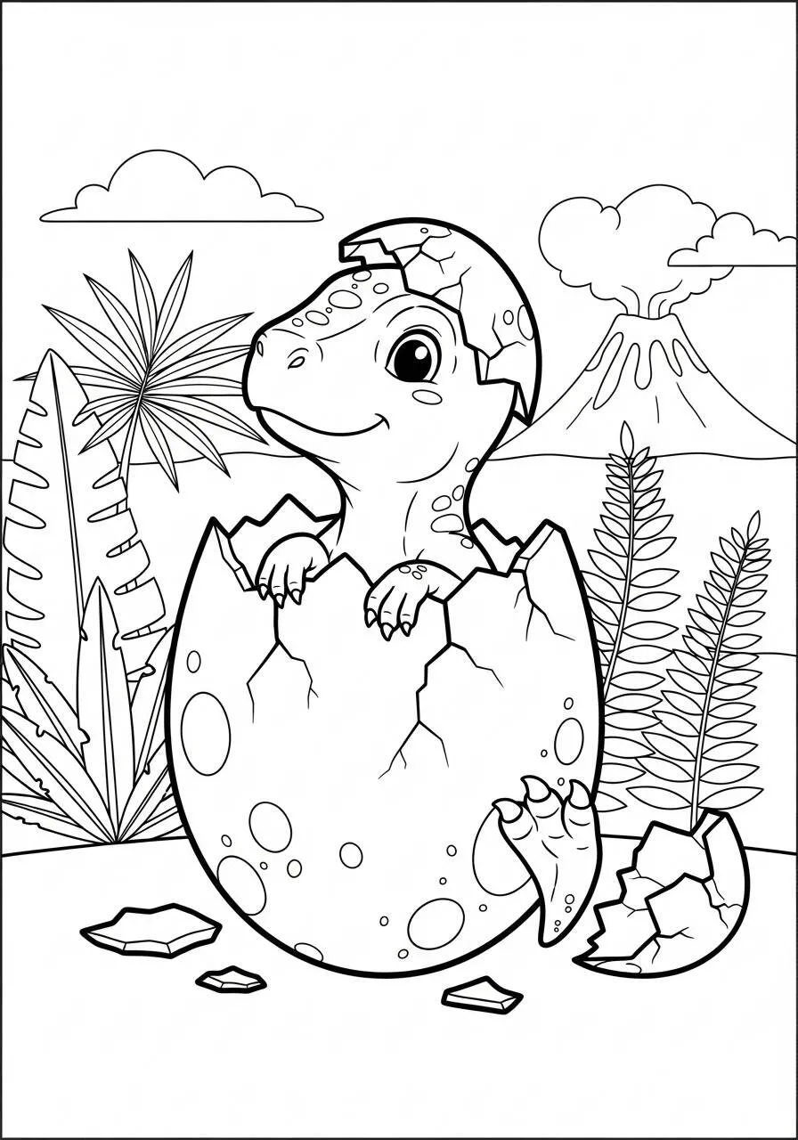 Pagina da colorare del cucciolo di dinosauro che esce dall'uovo