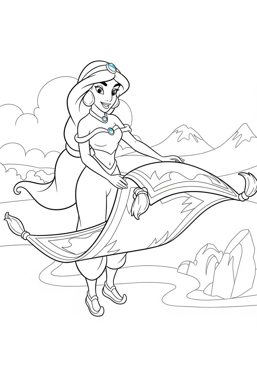 Dibujo de disney de Jasmine en su alfombra mágica para colorear