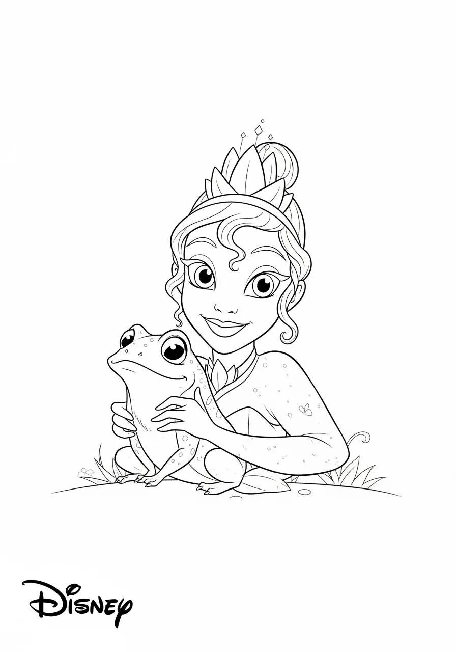 Malvorlage Disney Prinzessin Tiana mit Frosch
