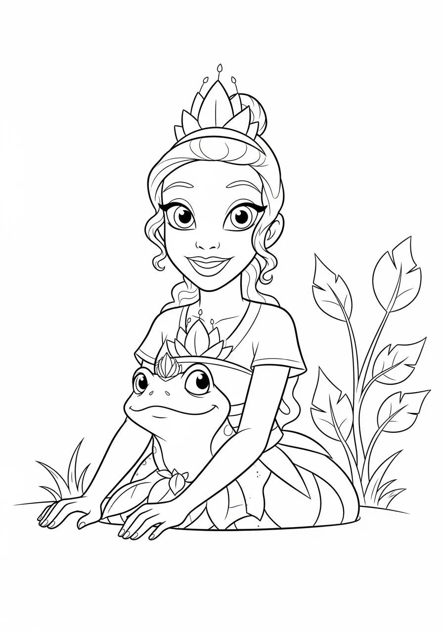 Malvorlage Disney Prinzessin Tiana mit Frosch