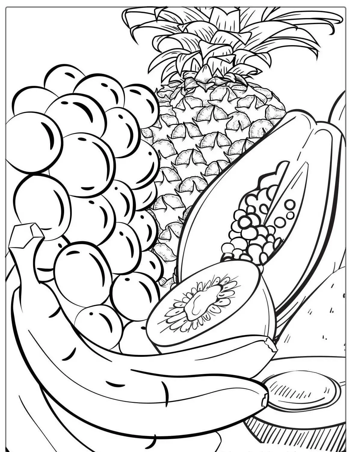 Dibujo para colorear de piña, plátano y uva